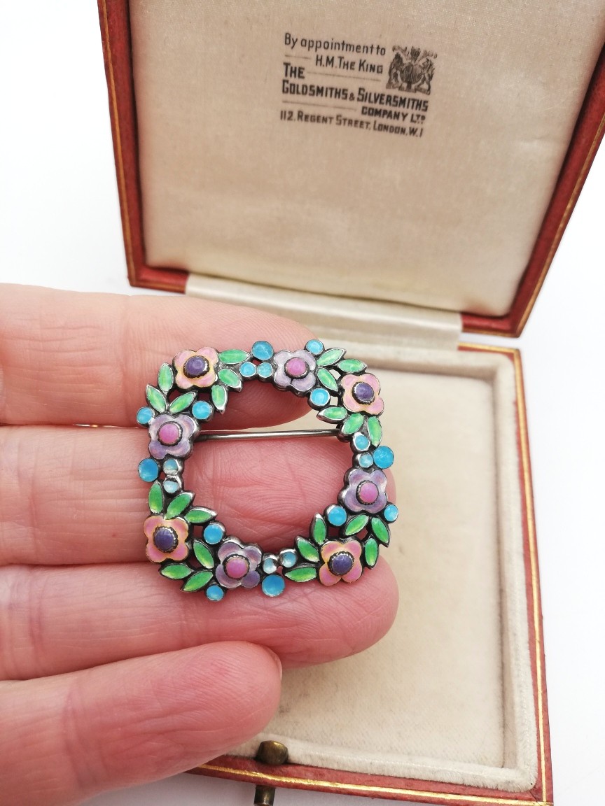 Bernard Instone attr Arts and Crafts leaves brooch c1930 with rare enamel pink and purple flowers Bernard Instone attr Arts and Crafts leaves brooch c1930 with rare enamel pink and purple flowers