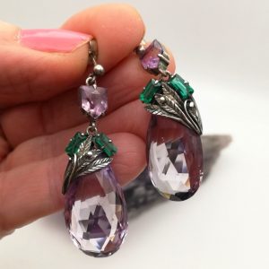 Wonderful Bernard Instone book piece amethyst and emerald paste drop earrings with posts c1930
