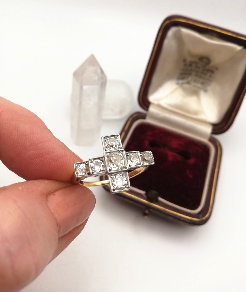 Impressive antique 18ct gold, platinum and 7 old cut diamonds cross ring-approx 1.5ct diamonds Impressive antique 18ct gold, platinum and 7 old cut diamonds cross ring-approx 1.5ct diamonds