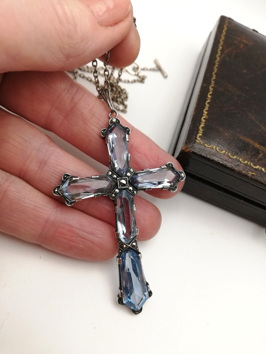 Rare, large German Jugendstil c1900 935 silver and blue spinels cross with marcasite detailing Rare, large German Jugendstil c1900 935 silver and blue spinels cross with marcasite detailing