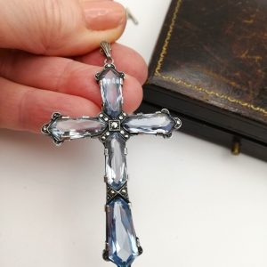Rare, large German Jugendstil c1900 935 silver and blue spinels cross with marcasite detailing