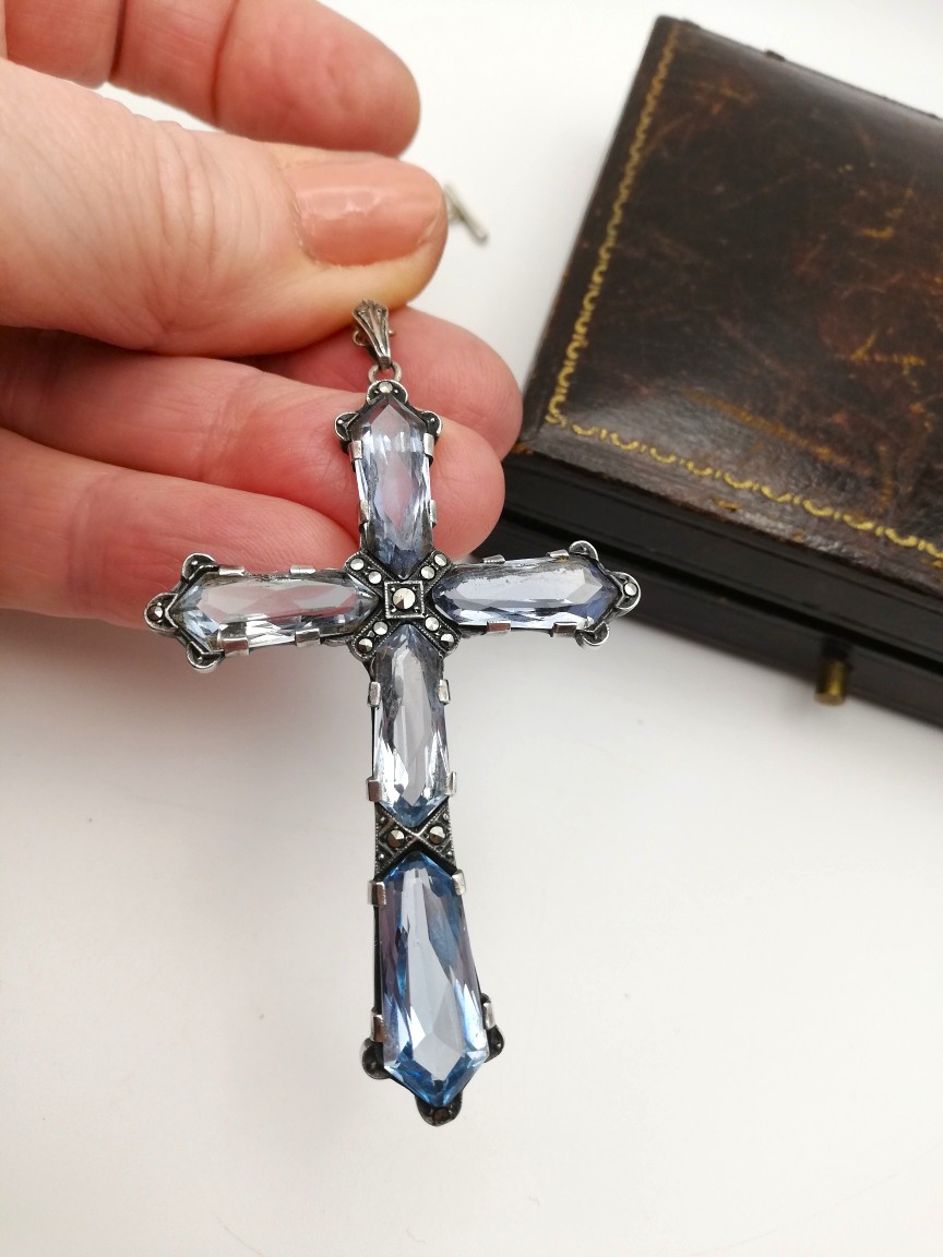 Rare, large German Jugendstil c1900 935 silver and blue spinels cross with marcasite detailing Rare, large German Jugendstil c1900 935 silver and blue spinels cross with marcasite detailing