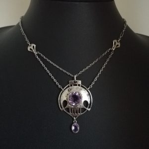 Wonderful Murrle Bennett Arts and Crafts hammered silver, gold and amethysts necklace c1900