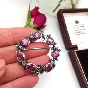 c1900 English hand-crafted pink spinels Arts and Crafts foliate wreath brooch in silver