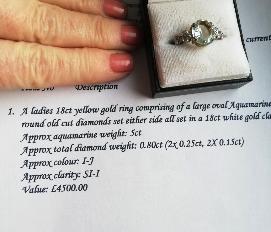 Antique 18ct gold 5ct aquamarine and 0.8ct diamonds ring with appraisal certificate Antique 18ct gold 5ct aquamarine and 0.8ct diamonds ring with appraisal certificate