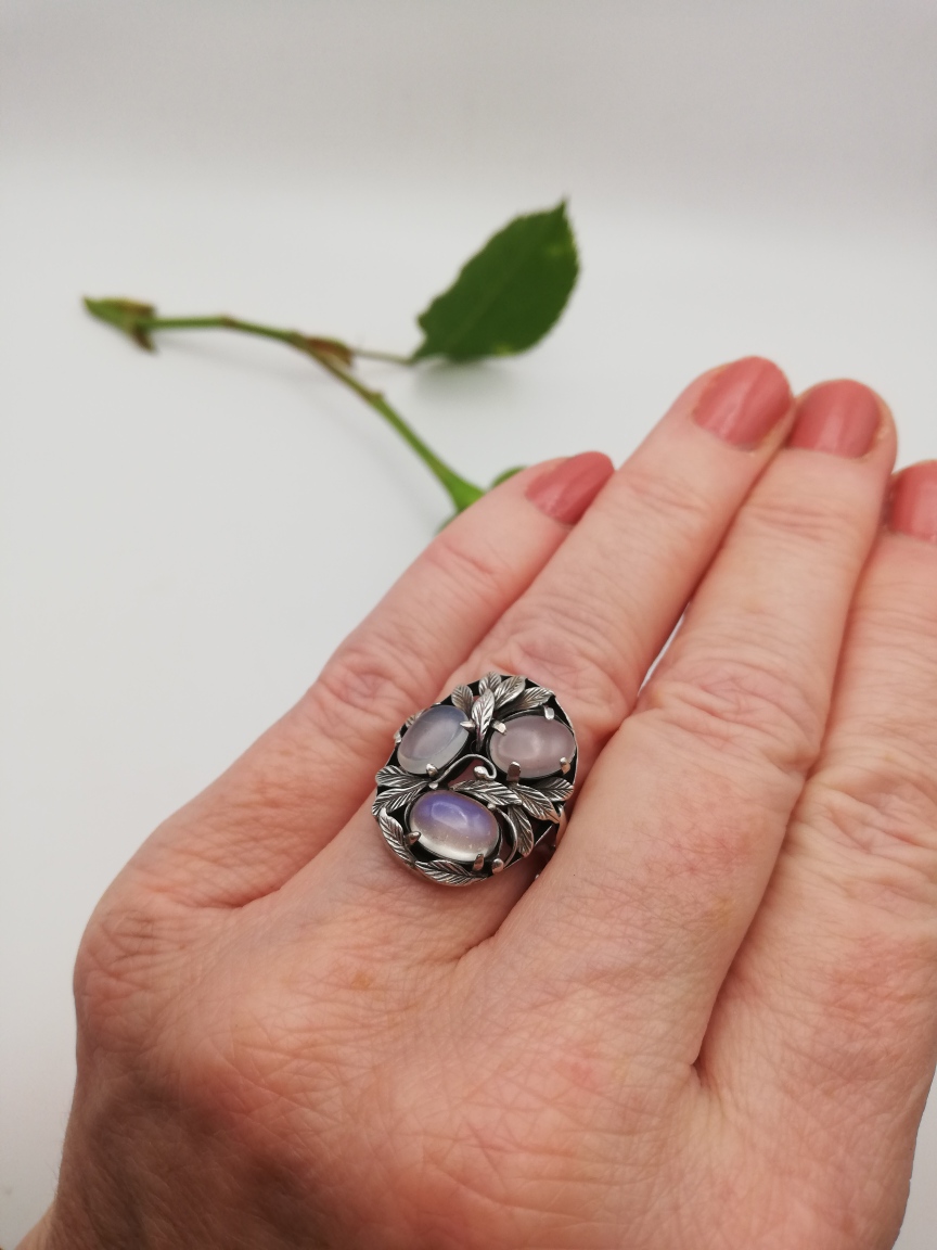 Reserved for A****Bernard Instone book piece rare Arts and Crafts ring with moonstones c1930 - Image 4