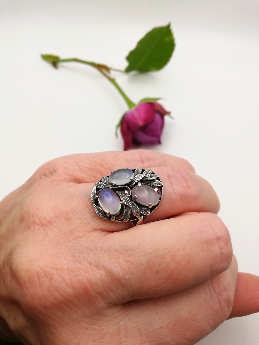 Reserved for A****Bernard Instone book piece rare Arts and Crafts ring with moonstones c1930