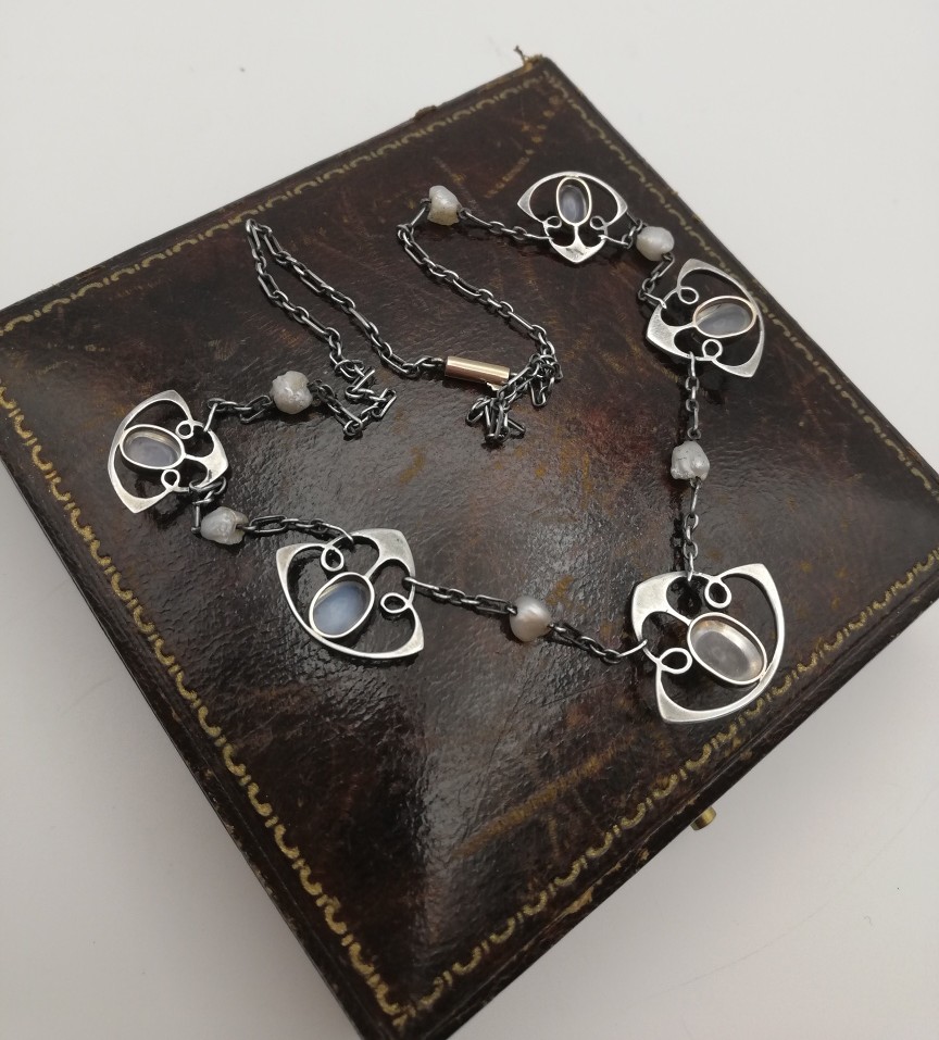 Scarce Liberty & Co Art Nouveau station necklace c1900 in silver and gold with moonstones and pearls Scarce Liberty & Co Art Nouveau station necklace c1900 in silver and gold with moonstones and pearls