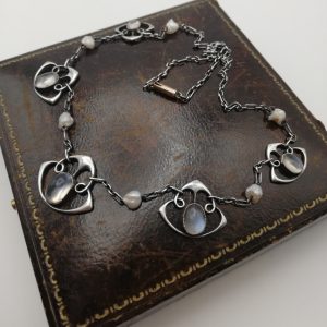 Scarce Liberty & Co Art Nouveau station necklace c1900 in silver and gold with moonstones and pearls