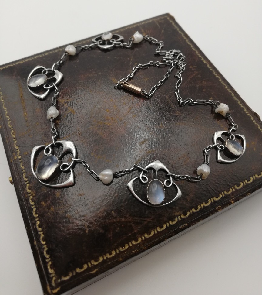Scarce Liberty & Co Art Nouveau station necklace c1900 in silver and gold with moonstones and pearls Scarce Liberty & Co Art Nouveau station necklace c1900 in silver and gold with moonstones and pearls