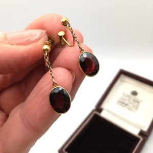 Antique Victorian 9ct gold and juicy red garnets drop earrings with original screw backs