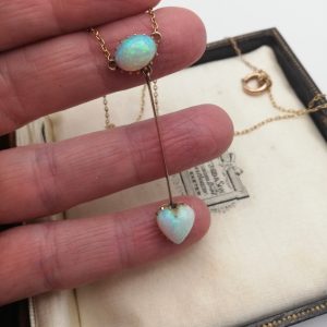 Rare Edwardian c1910 opal heart negligee drop lavalier necklace with fiery opals
