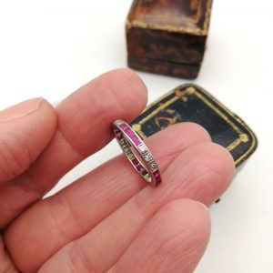 Art Deco antique platinum and diamonds full eternity ring with 12 diamonds and 12 rubies