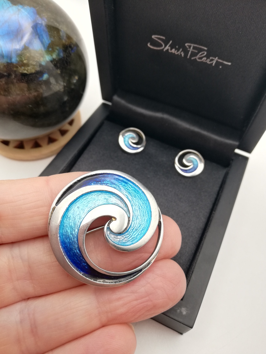Sheila Fleet of Scotland hand-crafted enamel silver waves brooch and matching earrings Sheila Fleet of Scotland hand-crafted enamel silver waves brooch and matching earrings
