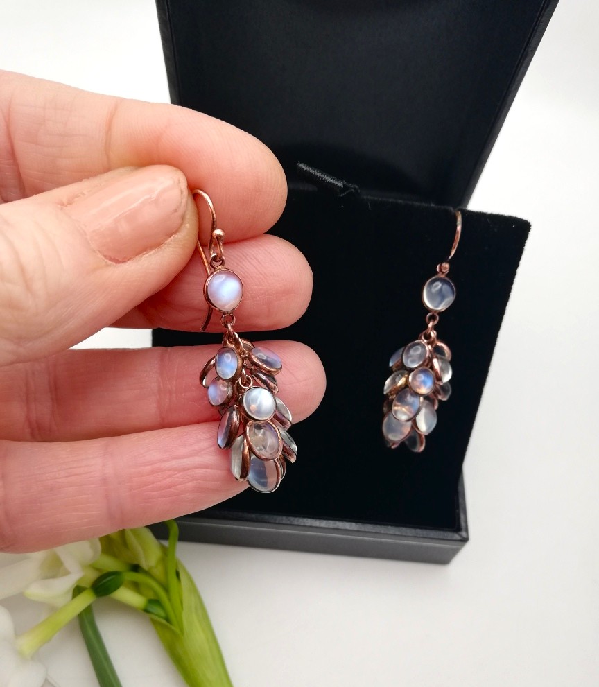 Beautiful antique rose gold and Ceylon moonstones grapes design drop earrings Beautiful antique rose gold and Ceylon moonstones grapes design drop earrings