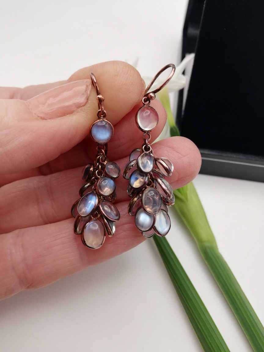 Beautiful antique rose gold and Ceylon moonstones grapes design drop earrings Beautiful antique rose gold and Ceylon moonstones grapes design drop earrings