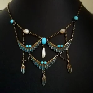 Hermann & Speck c1902 rare Jugendstil plique-a-jour wings, turquoise and pearl festoon necklace in silver gilt