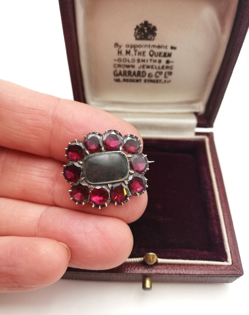 Georgian 1800s gold and flat-cut garnets hair locket mourning brooch Georgian 1800s gold and flat-cut garnets hair locket mourning brooch