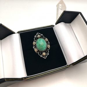 Rare, early Bernard Instone silver and gold Arts and Crafts book piece ring with amazonite