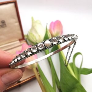 Attractive Victorian silver cultured pearl and diamond paste bangle
