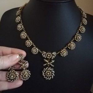 Vintage Victorian silver gilt and pearl glass beads demi-parure riviere necklace and drop earrings