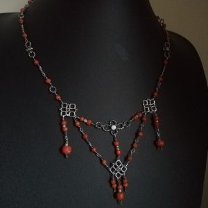 Fabulous c1900 English Arts and Crafts coral and seed pearl festoon necklace in sterling silver