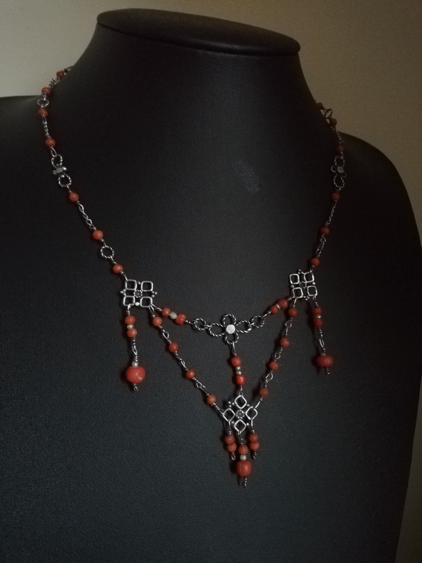 Fabulous c1900 English Arts and Crafts coral and seed pearl festoon necklace in sterling silver Fabulous c1900 English Arts and Crafts coral and seed pearl festoon necklace in sterling silver