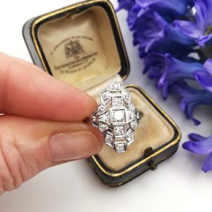 Fine antique 1920s Art Deco diamond plaque ring in iridium and platinum