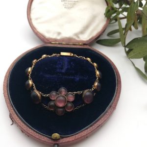 Rare Victorian 15ct gold and Bohemian art glass flower bracelet with box clasp with leather box