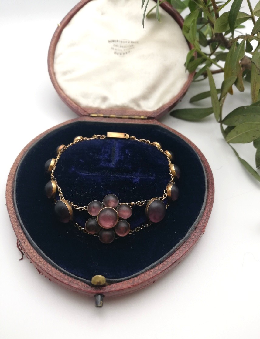 Rare Victorian 15ct gold and Bohemian art glass flower bracelet with box clasp with leather box Rare Victorian 15ct gold and Bohemian art glass flower bracelet with box clasp with leather box