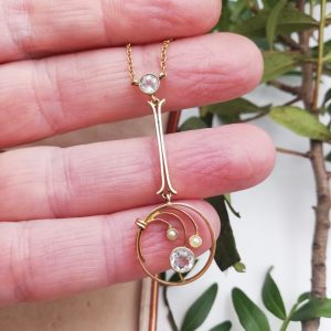 Antique Edwardian 9ct gold aquamarine pearl lavalier necklace c1910