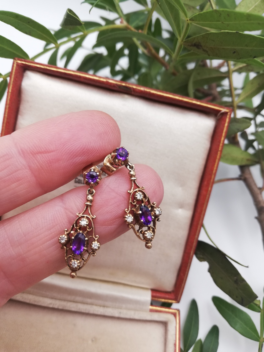 Victorian revival 9ct gold hallmarked earrings with diamonds and Siberian amethysts Victorian revival 9ct gold hallmarked earrings with diamonds and Siberian amethysts