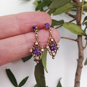 Victorian revival 9ct gold hallmarked earrings with diamonds and Siberian amethysts