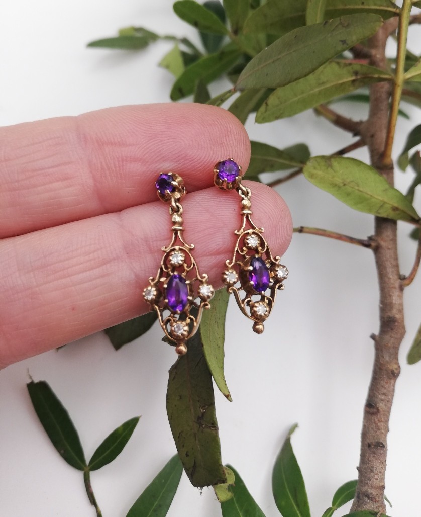 Victorian revival 9ct gold hallmarked earrings with diamonds and Siberian amethysts Victorian revival 9ct gold hallmarked earrings with diamonds and Siberian amethysts