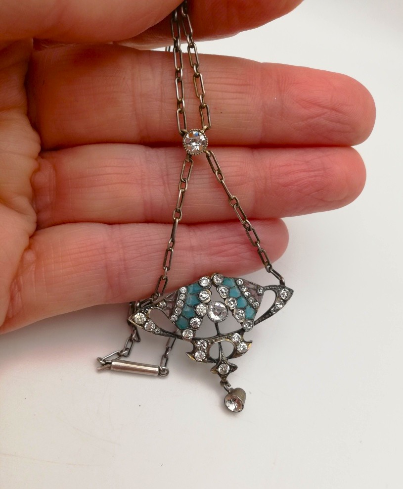 Jugendstil c1900 plique-a-jour and 935 silver pendant necklace with sparkling pastes blue and purple plique Jugendstil c1900 plique-a-jour and 935 silver pendant necklace with sparkling pastes blue and purple plique