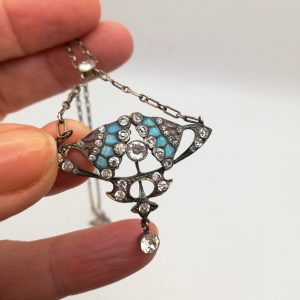 Jugendstil c1900 plique-a-jour and 935 silver pendant necklace with sparkling pastes blue and purple plique