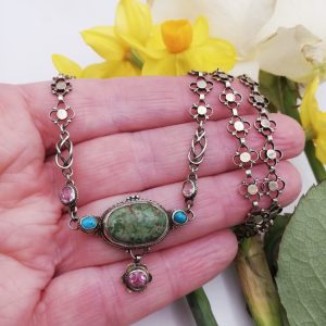 Arthur and Georgie Gaskin silver gilt necklace with pink tourmalines and turquoise