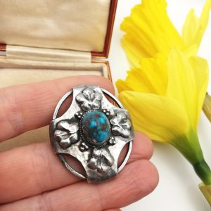 Arts and Crafts c1900 hand wrought statement brooch in sterling silver with turquoise