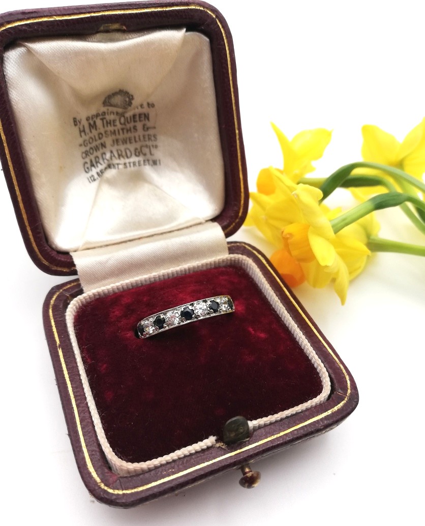 Vintage 9ct gold sapphire and cubic zircona half eternity ring