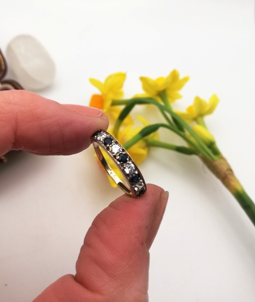 Vintage 9ct gold sapphire and cubic zircona half eternity ring