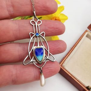 Antique Art Nouveau enamel heart and wing pearl pendant necklace c1900s