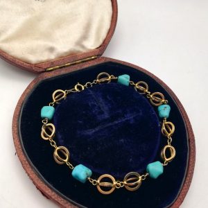 Antique Edwardian 18ct gold spherical links and turquoise bracelet-larger size c1910