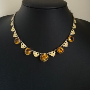 Superb signed Bernard Instone book piece necklace with yellow enamel, citrines in silver and gold