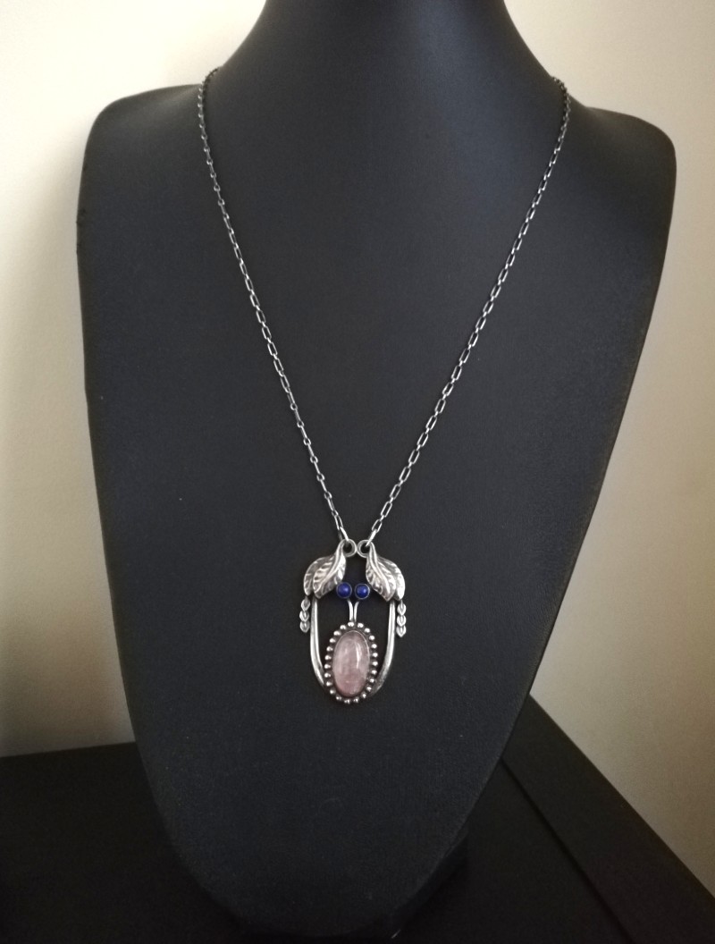Scarce early marks Georg Jensen number 4 antique necklace with rose quartz and lapis in antique box