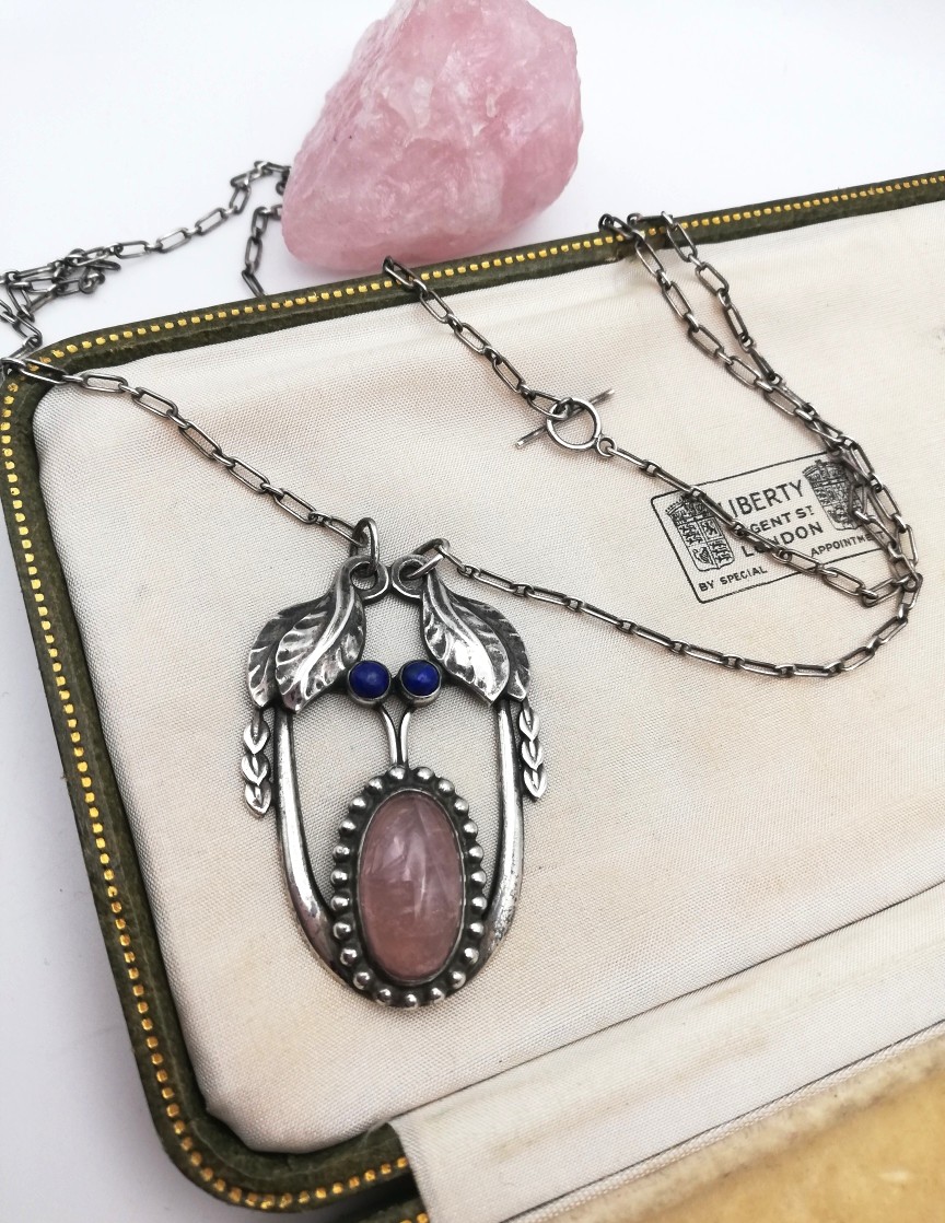 Scarce early marks Georg Jensen number 4 antique necklace with rose quartz and lapis in antique box - Image 5