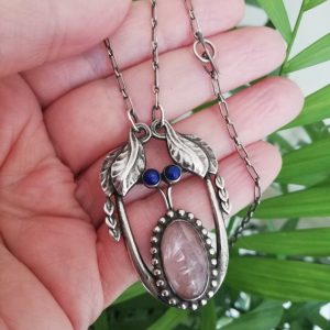 Scarce early marks Georg Jensen number 4 antique necklace with rose quartz and lapis in antique box