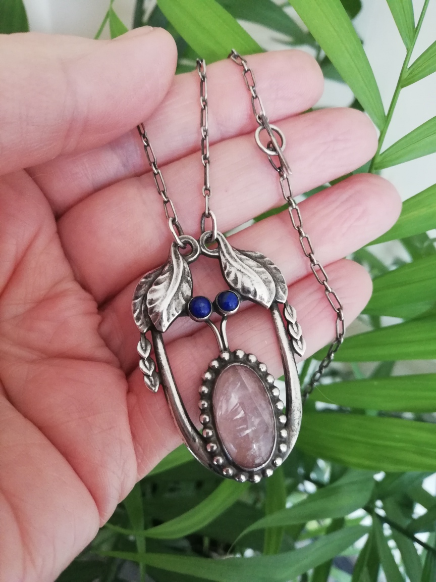 Scarce early marks Georg Jensen number 4 antique necklace with rose quartz and lapis in antique box