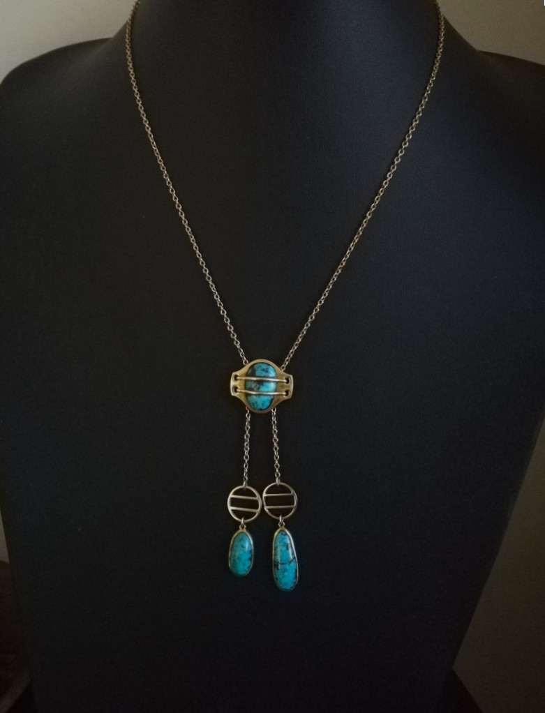 Rare Murrle Bennett Jugendstil design 15ct gold and turquoise Toi et Moi negligee necklace - Image 8