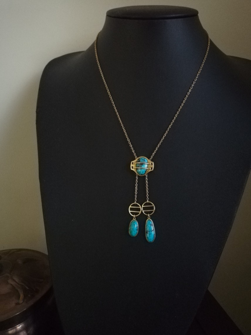 Rare Murrle Bennett Jugendstil design 15ct gold and turquoise Toi et Moi negligee necklace - Image 7