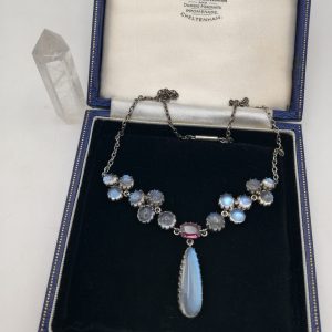 Antique Victorian Ceylon blue moonstone and pink tourmaline necklace in silver
